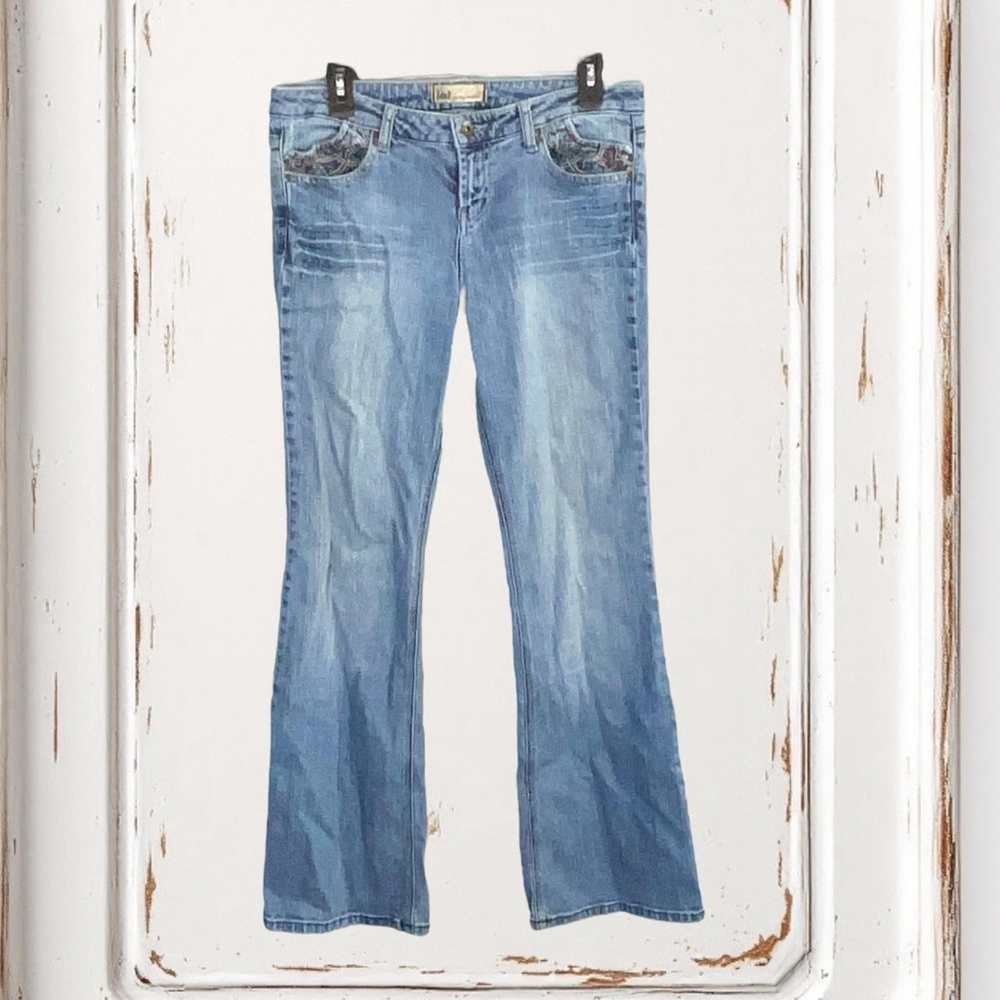 Vintage l.e.i. Faded Bootcut Jeans w Multicolored Embroidered Pockets Juniors 11